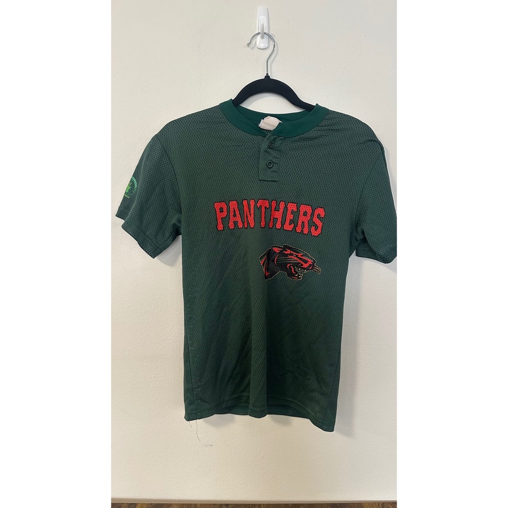 Teamwork Athletic Apparel Panthers Jersey Green Mesh Henley Shirt Youth Medium